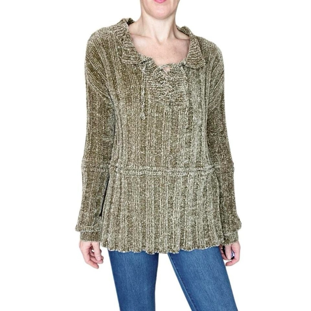 BKE Soft Green Velvet Soft Retro Y2K Casual Front Tie Sweater